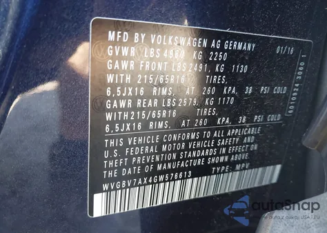 2016 Volkswagen Tiguan S from USA, damaged, VIN WVGBV7AX4GW576613